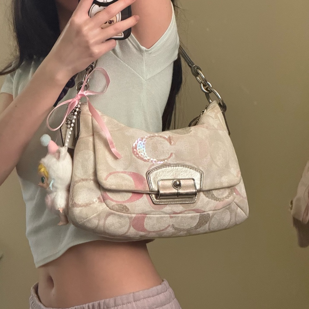 SOLD Coach 19339 Cream and Pink Signature Shoulder Bag